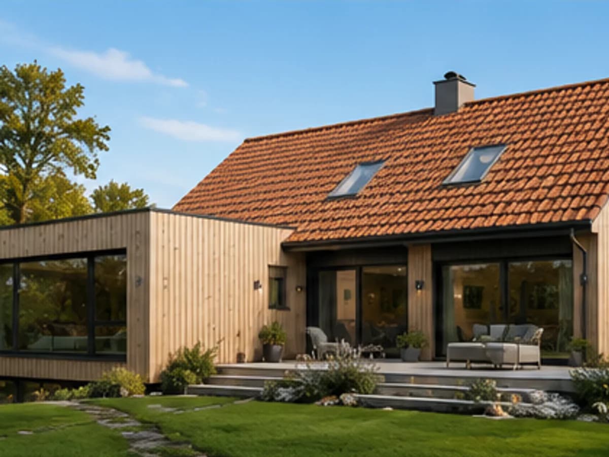 Varde-illustrasjon av bolig med trekledd tilbygg i varmt dagslys